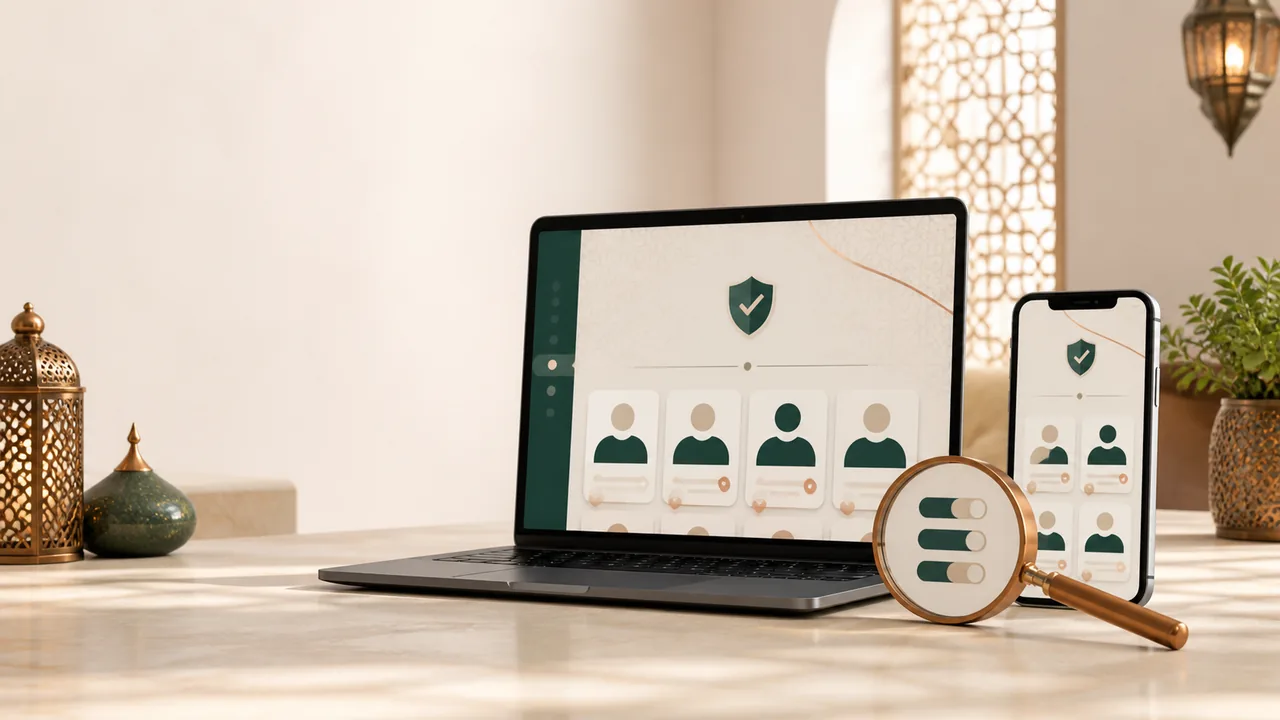 هاتف يعرض قائمة تحقق بجوار خاتمين لاختيار موقع زواج أون لاين موثوق
