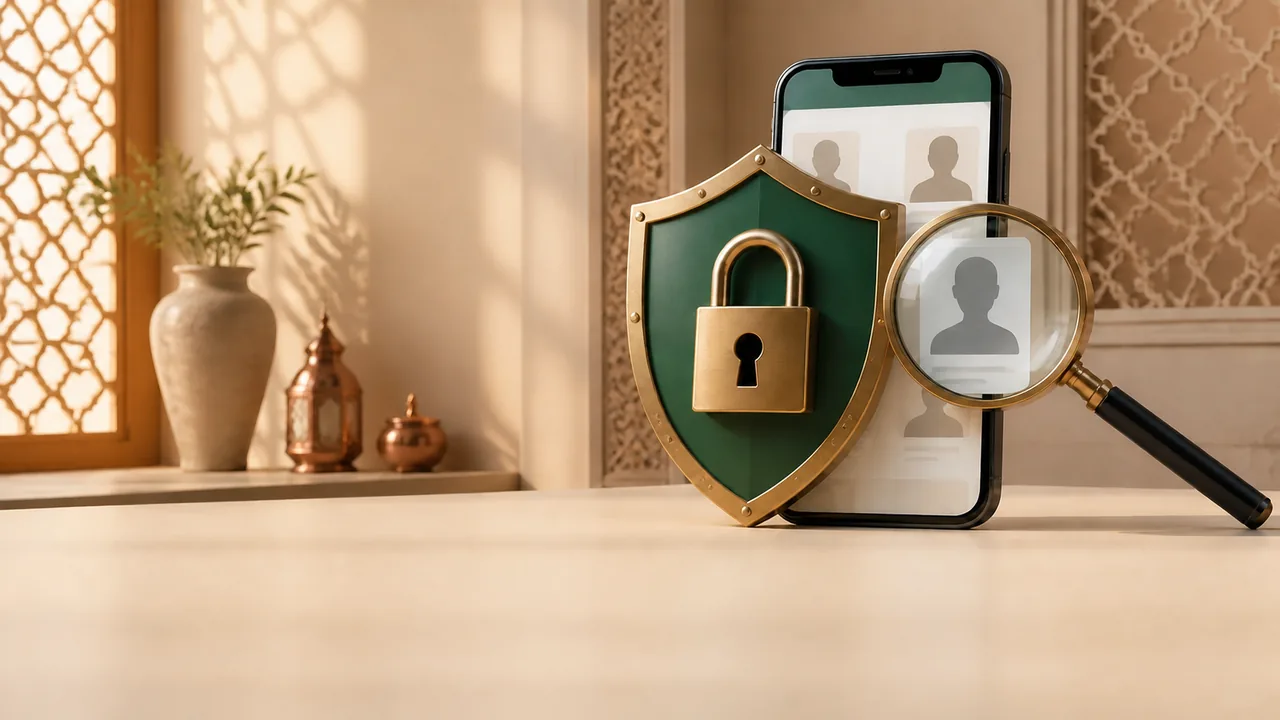 درع رقمي وقفل وهاتف يرمزون إلى أمان مواقع الزواج وحماية الخصوصية